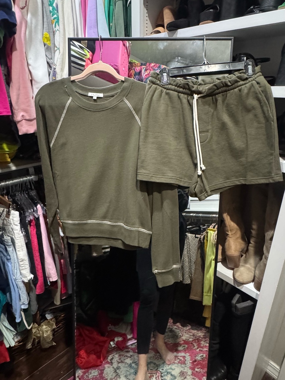 Z Supply Olive Crewneck Sweatshirt & Drawstring Shorts Set